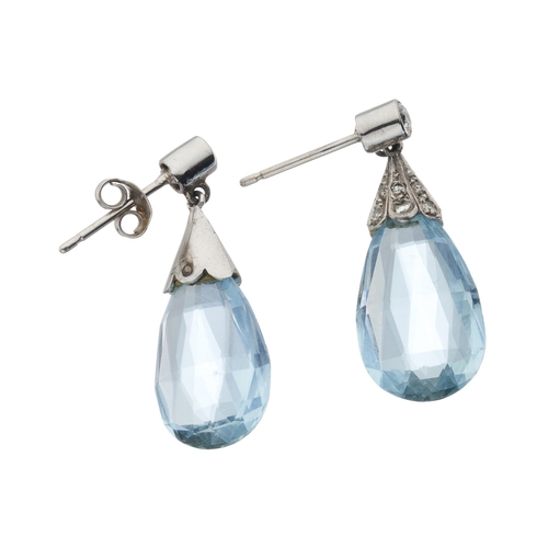 159 - A pair of Art Deco aquamarine briolette and vari-cut diamond drop earrings, with rose and single-cut... 