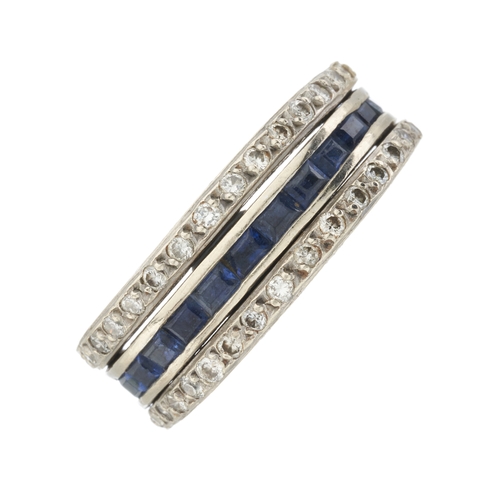 164 - An Art Deco brilliant-cut diamond, sapphire and emerald full eternity flip ring, estimated total dia... 