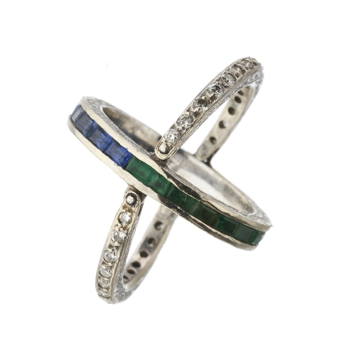 164 - An Art Deco brilliant-cut diamond, sapphire and emerald full eternity flip ring, estimated total dia... 