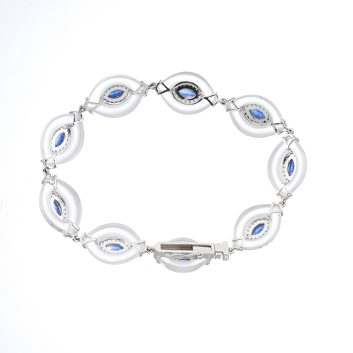 166 - A platinum rock crystal, sapphire and diamond cluster line bracelet, total sapphire weight 2.65ct, t... 