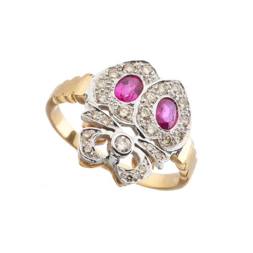 173 - An 18ct gold ruby and brilliant-cut diamond double heart cluster ring, with diamond bow surmount, es... 