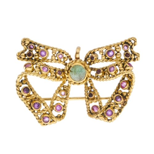 187 - An 18ct gold emerald and pink sapphire bow pendant brooch, import marks for Birmingham 1994, length ... 