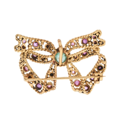 187 - An 18ct gold emerald and pink sapphire bow pendant brooch, import marks for Birmingham 1994, length ... 