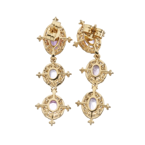 188 - A pair of 18ct gold vari-hue sapphire and brilliant-cut diamond cluster drop earrings, total sapphir... 