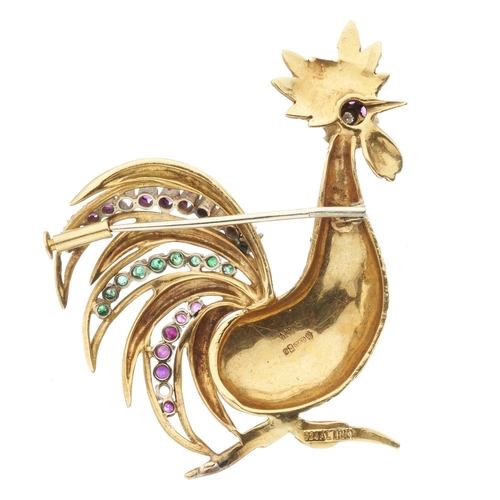 189 - An 18ct gold ruby, emerald and diamond rooster brooch, stamped 18k, length 4.8cm, 14.6g