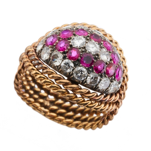 190 - A 1970s 18ct gold ruby and brilliant-cut diamond bombe ring, with rope-twist surround and band, esti... 