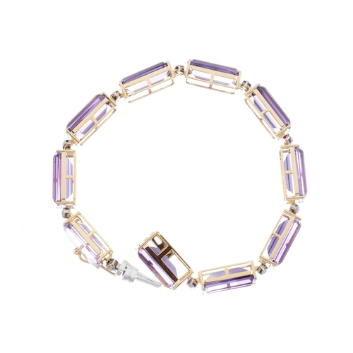 191 - An 18ct gold amethyst and brilliant-cut diamond line bracelet, total amethyst weight 44.66ct, total ... 