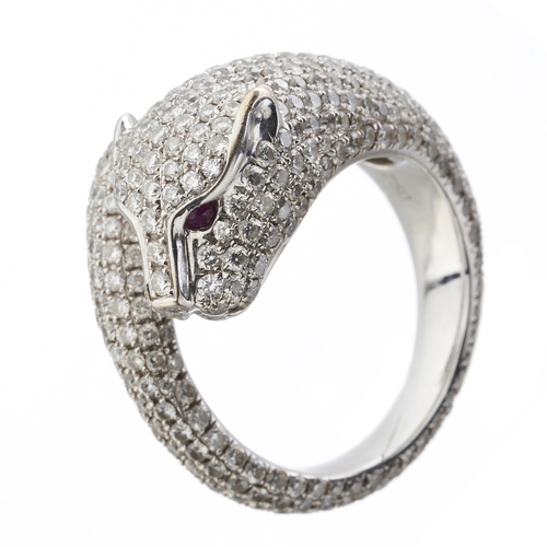 193 - An 18ct gold pave-set diamond panther ring, with ruby eyes, estimated total diamond weight 4ct, H-I ... 