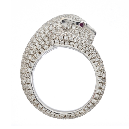 193 - An 18ct gold pave-set diamond panther ring, with ruby eyes, estimated total diamond weight 4ct, H-I ... 