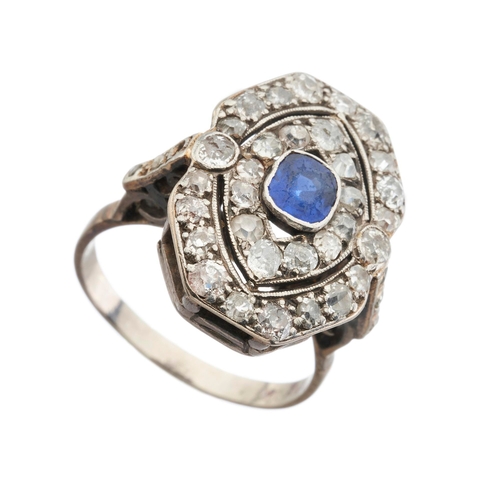 196 - An early 20th century cushion-shape sapphire and old-cut diamond cluster dress ring, estimated total... 