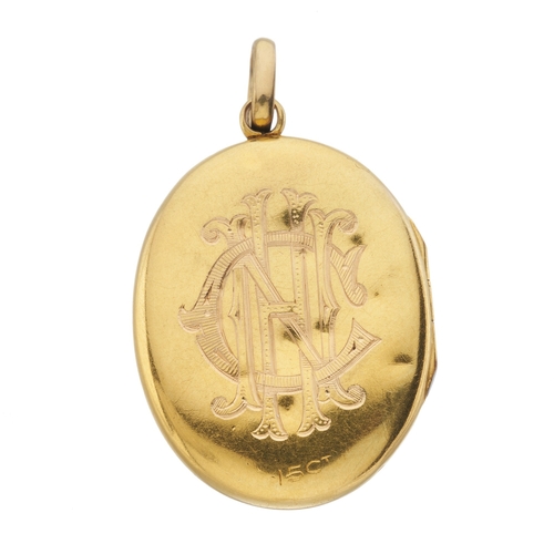 199 - An early 20th century 15ct gold rose-cut diamond accent locket pendant, the reverse with engraved in... 