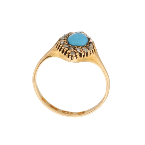 2 - A mid Victorian 18ct gold turquoise cabochon and rose-cut diamond marquise-shape cluster ring, hallm... 