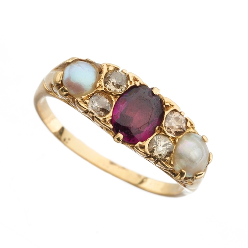 204 - An early 20th century 18ct gold garnet and split pearl dress ring, with old-cut diamond double space... 