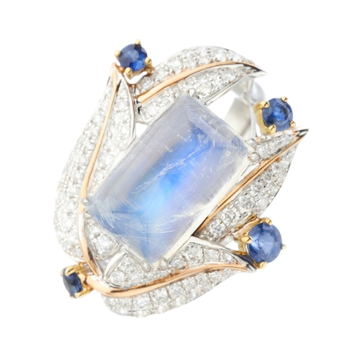 206 - An 18ct gold moonstone, diamond and sapphire foliate dress ring, moonstone weight 7.28ct, total sapp... 