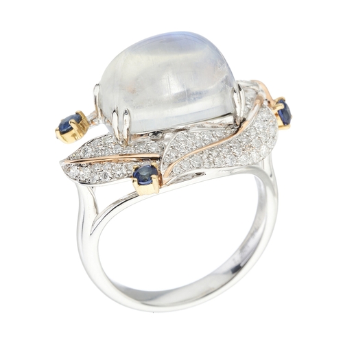 206 - An 18ct gold moonstone, diamond and sapphire foliate dress ring, moonstone weight 7.28ct, total sapp... 