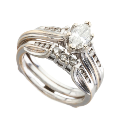 208 - A 14ct gold marquise-shape diamond single-stone ring, held between two brilliant-cut diamond accent ... 