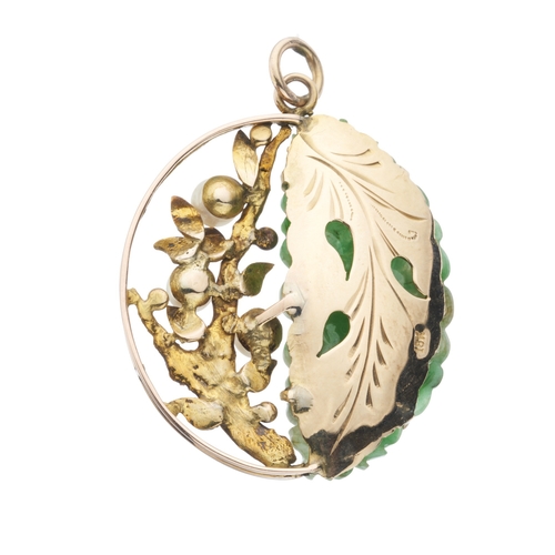 214 - An 18ct gold carved jadeite and cultured pearl pendant, stamped 18k, length 4.9cm, 9.4g