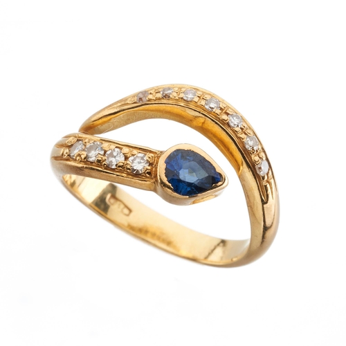 217 - An 18ct gold sapphire and single-cut diamond crossover dress ring, estimated total diamond weight 0.... 