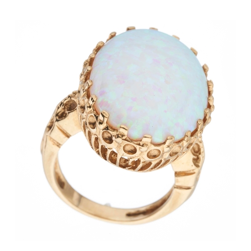 221 - A 9ct gold synthetic opal cabochon single-stone ring, hallmarks for Birmingham, ring size O, 10.4g