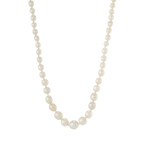 23 - An early 20th century natural pearl single-strand necklace, with gold pearl accent push-piece clasp,... 