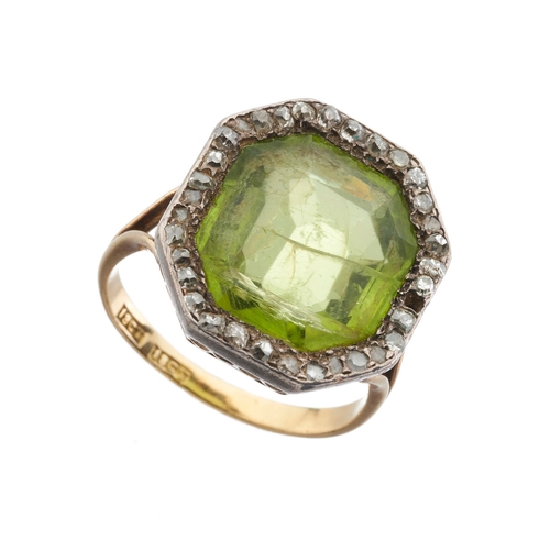 25 - A late 19th century 18ct gold octagonal-shape peridot and old-cut diamond cluster ring, peridot esti... 