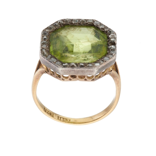 25 - A late 19th century 18ct gold octagonal-shape peridot and old-cut diamond cluster ring, peridot esti... 