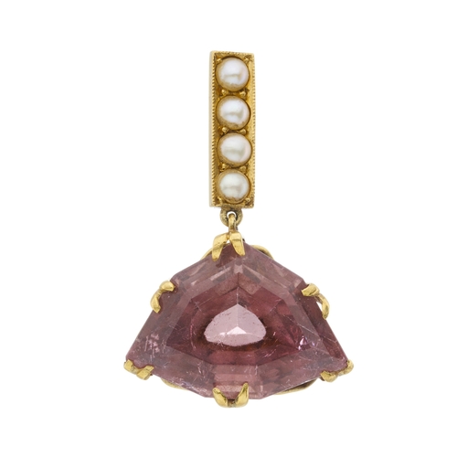 27 - A 15ct gold pink tourmaline single-stone pendant, with split pearl line surmount, tourmaline estimat... 