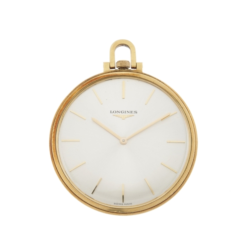 274 - Longines, an 18k gold open face pocket watch, Swiss convention marks, signed manual winding movement... 