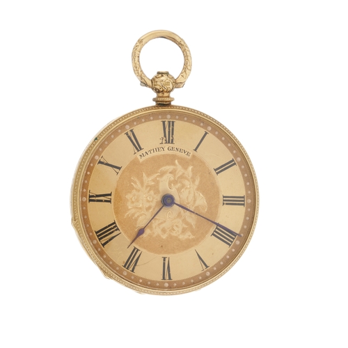 275 - Mathey, Geneve, an 18k gold open face pocket watch, case number 1365 49939, Swiss convention marks, ... 