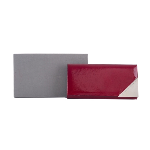 278 - Alexander McQueen a red patent leather clutch, featuring a polished silver-tone corner plaque, rear ... 