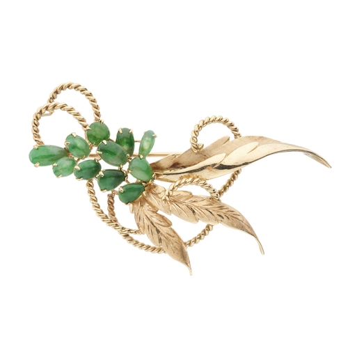 28 - A 14ct gold jadeite floral spray brooch, stamped 14k, length 6.6cm, 11.6g