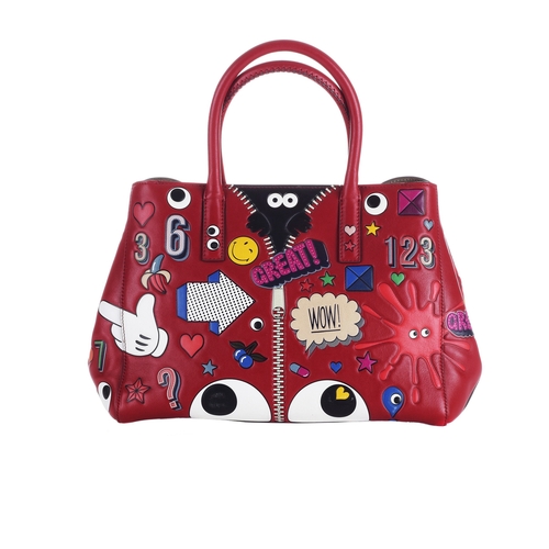 283 - Anya Hindmarch, an Ebury All Over Sticker handbag, crafted from red leather featuring colourful fun ... 