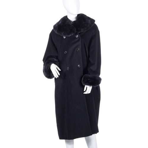 286 - Aquascutum, a ladies black coat with faux fur trim, designed with a detachable faux fox collar, doub... 