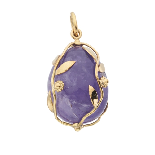 29 - An amethyst egg charm pendant, encased in an 18ct gold foliate wire mount, stamped 750, length 2.9cm... 