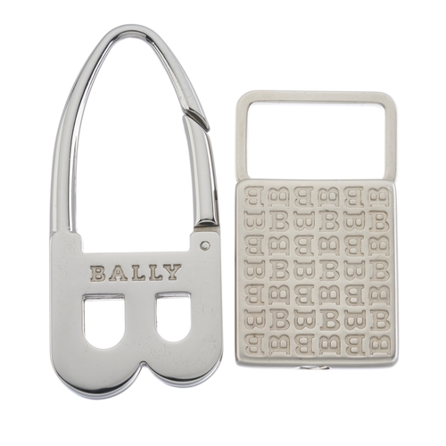 292 - Bally, two padlock keyrings, to include a polished silver-tone B-shaped keyring, a brushed silver-to... 