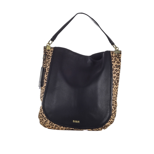 293 - Biba, a bag and a shawl, to include a large black leather hobo handbag with leopard printed pony ski... 