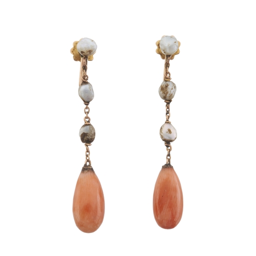 3 - A pair of late 19th century 9ct gold coral drop earrings, with seed pearl spacers and surmount, stam... 