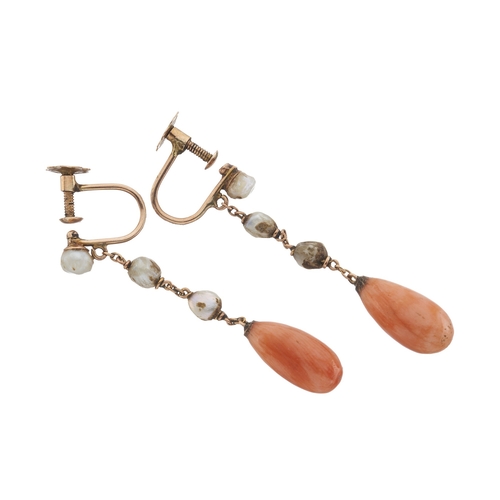 3 - A pair of late 19th century 9ct gold coral drop earrings, with seed pearl spacers and surmount, stam... 