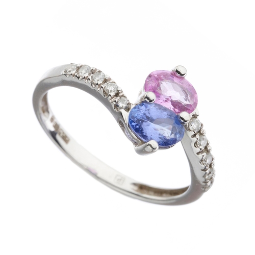 32 - A 14ct gold pink and blue sapphire crossover ring, with brilliant-cut diamond line shoulders, estima... 