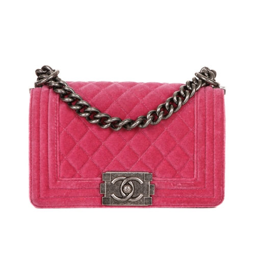 329 - Chanel, a small Boy handbag, designed with a pink velvet exterior, featuring diamond quilting detail... 