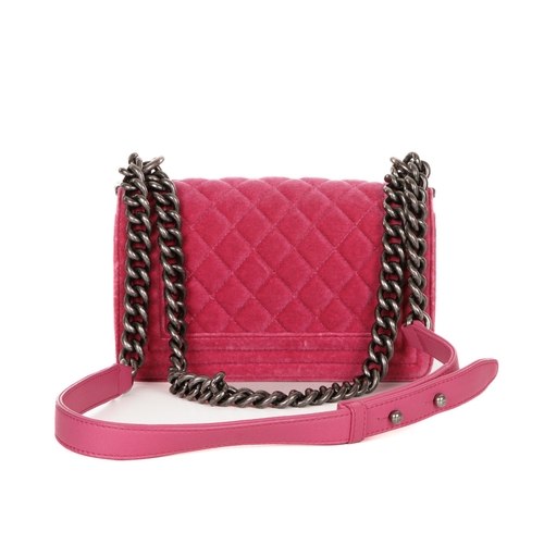 329 - Chanel, a small Boy handbag, designed with a pink velvet exterior, featuring diamond quilting detail... 