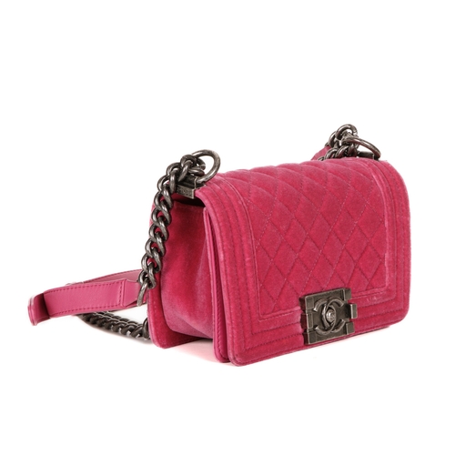 329 - Chanel, a small Boy handbag, designed with a pink velvet exterior, featuring diamond quilting detail... 