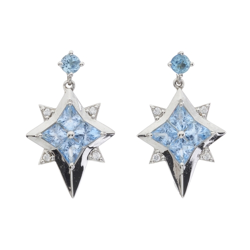 33 - A pair of 18ct gold fancy-shape blue topaz and brilliant-cut diamond star drop earrings, with circul... 