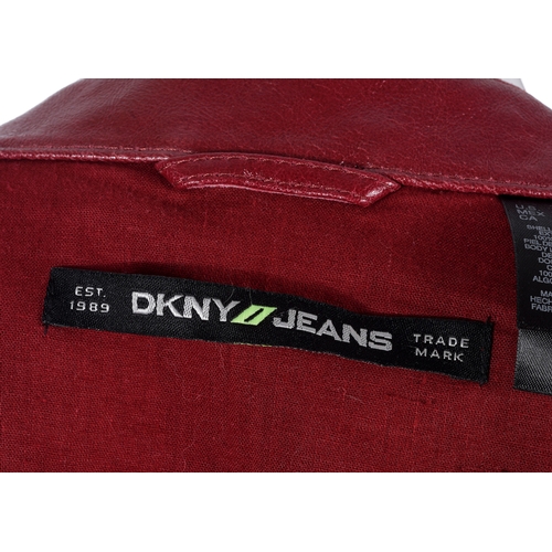 359 - DKNY Jeans, a men's red leather jacket, featuring a front zip fastening, four outer pockets and one ... 