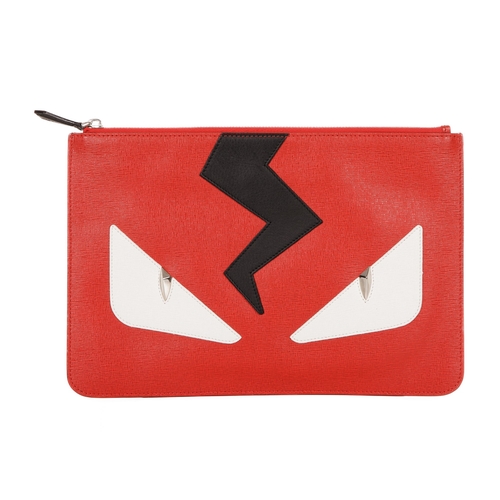 368 - Fendi, a Bag Bugs Monster clutch, featuring a red and black saffiano leather exterior, with white le... 