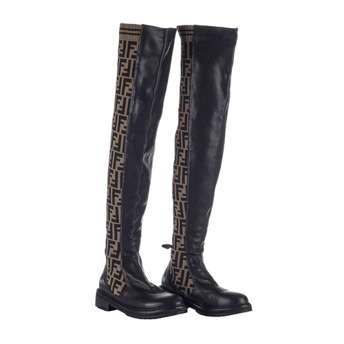 369 - Fendi, a pair of thigh-high FF pull-on boots, crafted from black lambskin leather and brown logo-pat... 