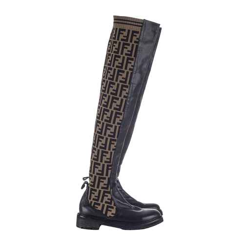 369 - Fendi, a pair of thigh-high FF pull-on boots, crafted from black lambskin leather and brown logo-pat... 