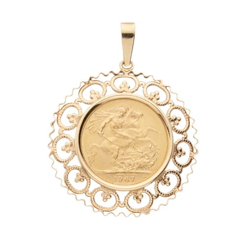 37 - Elizabeth II, a gold full sovereign coin, dated 1967, mounted as a 9ct gold openwork pendant, mount ... 