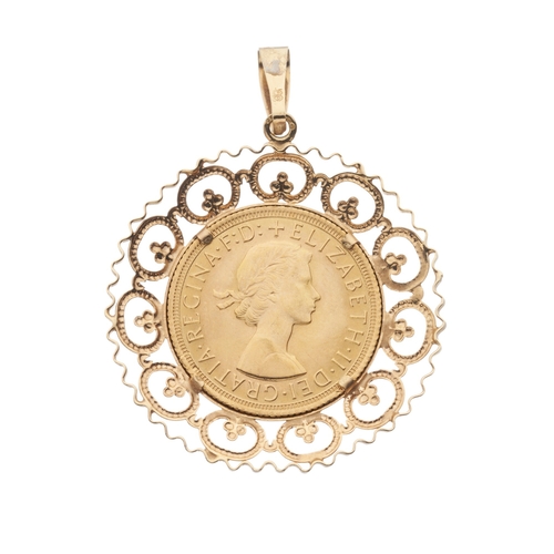 37 - Elizabeth II, a gold full sovereign coin, dated 1967, mounted as a 9ct gold openwork pendant, mount ... 