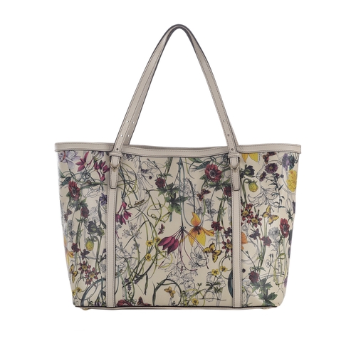 374 - Gucci, a Floral Horizontal tote, designed with a cream leather exterior featuring a detailed floral ... 